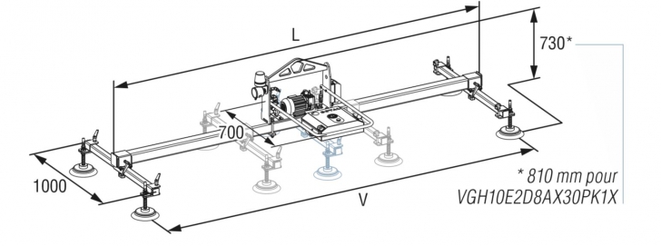 Schema eines horizontalen Vakuum-Hebegeräts der Baureihe VGH COVAL, VACUOGRIP (Abmessungen - Einstellungen)