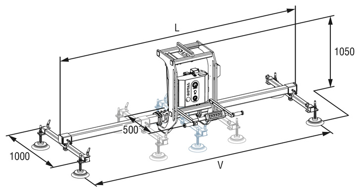 Außenabmessungen eines Vakuum-Hebegerätes COVAL, VACUOGRIP Serie VGR, für die Vakuum-Handhabung und das Schwenken um 90° von Lasten von 100 bis 500 kg - Bleche - Platten.